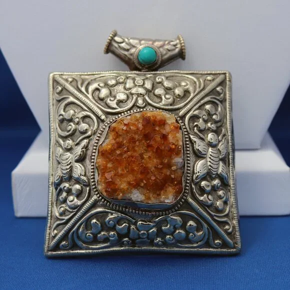 Vintage Nepalese Citrine Druzy and Turquoise Pendant Necklace